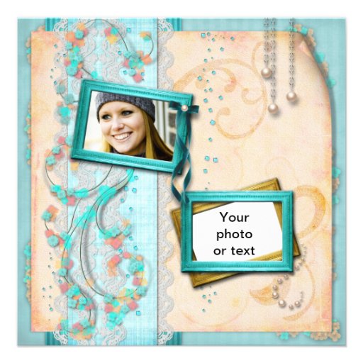 Shabby Aqua and Peach Photo Invitations