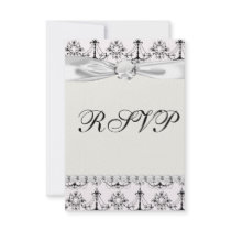 shabby chandelier white black damask invite