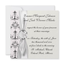 shabby chandelier white black damask announcement