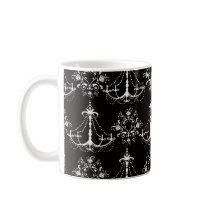 shabby chandelier white black damask mugs