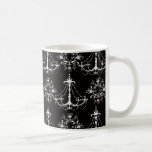 shabby chandelier white black damask mugs