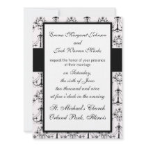 shabby chandelier white black damask pattern personalized invitations