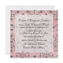 shabby chic grey heart swirl damask on grunge pink personalized invitations