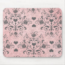 shabby chic grey heart swirl damask on grunge pink mouse pads