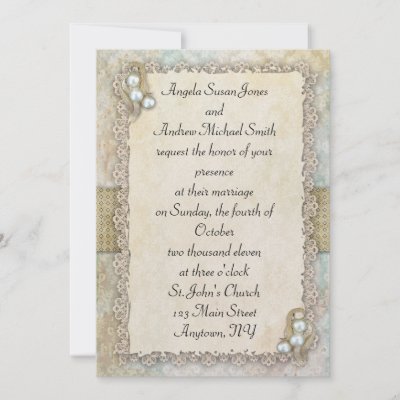 Invitation in shabbychic style with distressed damask border lace trim 