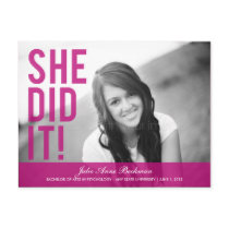 She Did It! Graduation Announcement/Invite Post Cards