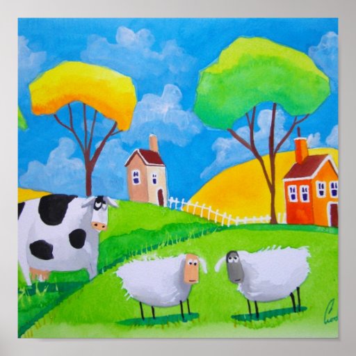 SHEEP COW FOLK PAINTING POSTER