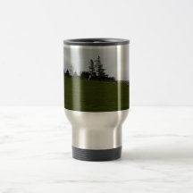 Sheep Grazing in Green Pasture Near Pond Coffee Mugs
