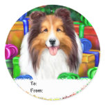 Sheltie Christmas Open Gifts Sable Gift Tags Round Stickers
