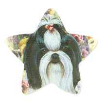 Shih Tzu and Pansies Art Print Stickers Tags