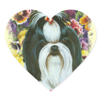 Shih Tzu and Pansies Art Print Stickers Tags