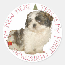 Shih Tzu Puppy First Christmas Round Sticker