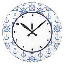 ships wheel and anchors nautical blue white clock