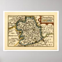 Shropshire County Map, England Print