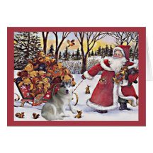 Siberian Husky Christmas Card Santa Bears