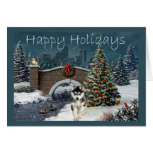 Siberian Husky Christmas Evening Greeting Card