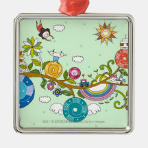Side view of children playing on tree branch christmas ornament