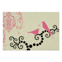 Silhouette Birds Dots Heart Branches Black Pink Photographic Print