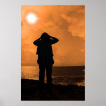 silhouette of a sad lone woman on a cliff edge poster