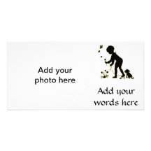 Silhouette of child picking flowers with dog customised photo card