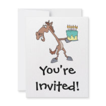 silly birthday horse with cake cartoon personalized invite