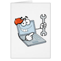 silly computer repair cartoon laptop with wrench greeting cards