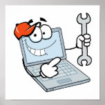 silly computer repair cartoon laptop with wrench posters