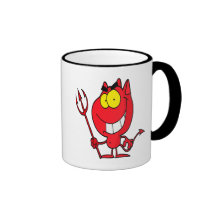 silly cute cartoon devil with pitchfork mug