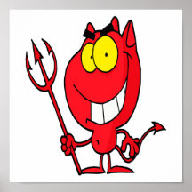 silly cute cartoon devil with pitchfork poster