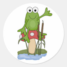 silly frog sitting on mushroom round stickers