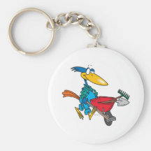 silly gardening bird with wheel barrow keychain