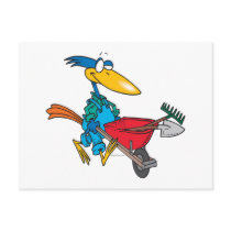 silly gardening bird with wheel barrow postcards