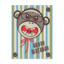 Silly Glasses Sock Monkey Happy B Day Postcard