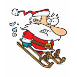silly scared santa on a sled cartoon t shirt