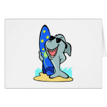 silly shark with surfboard greeting card