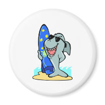 silly shark with surfboard fridge magnet