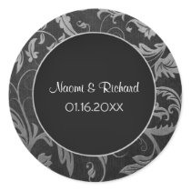 Silver and Black Damask Wedding Seal - Customise Round Sticker