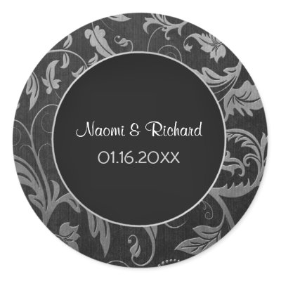 Silver and Black Damask Wedding Seal Customise Round Sticker by 