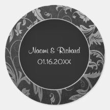 Silver and Black Damask Wedding Seal - Customise Round Sticker