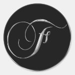 Silver And Black Formal Wedding Monogram F Seal Round Stickers
