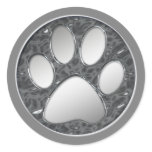 SILVER AND CHROME PAW PRINT ROUND STICKER