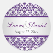 Silver and Purple Damask 1.5" Wedding Sticker