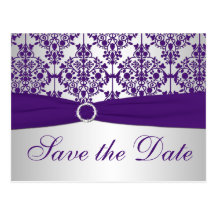 Silver and Purple Damask Save the Date Card Postcard