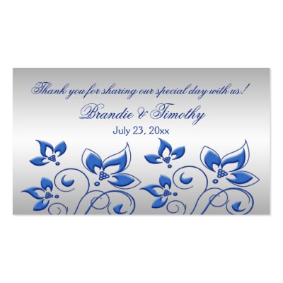 Silver and Royal Blue Floral Wedding Favour Tag Business Card Template by 