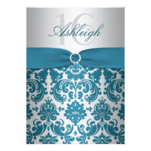 Silver and Teal Damask Sweet Sixteen Invitation