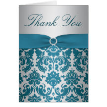 Silver and Teal Damask Thank You Card