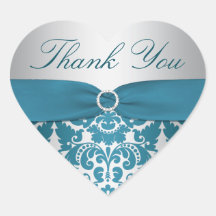 Silver and Teal Damask Thank You Sticker