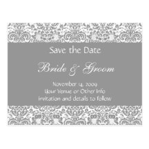 Silver and White Personalised Damask Save the Date Post Card