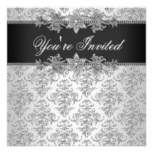 Silver Black Damask Black Damask Party Personalised Announcements