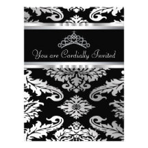 Silver Black Damask Black White Damask Quinceanera Invitation